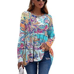 Orange & Blue Green Paisley Long-Sleeve Top Size L